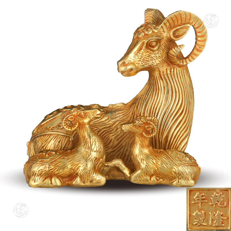 乾隆年制款铜鎏金三羊开泰像