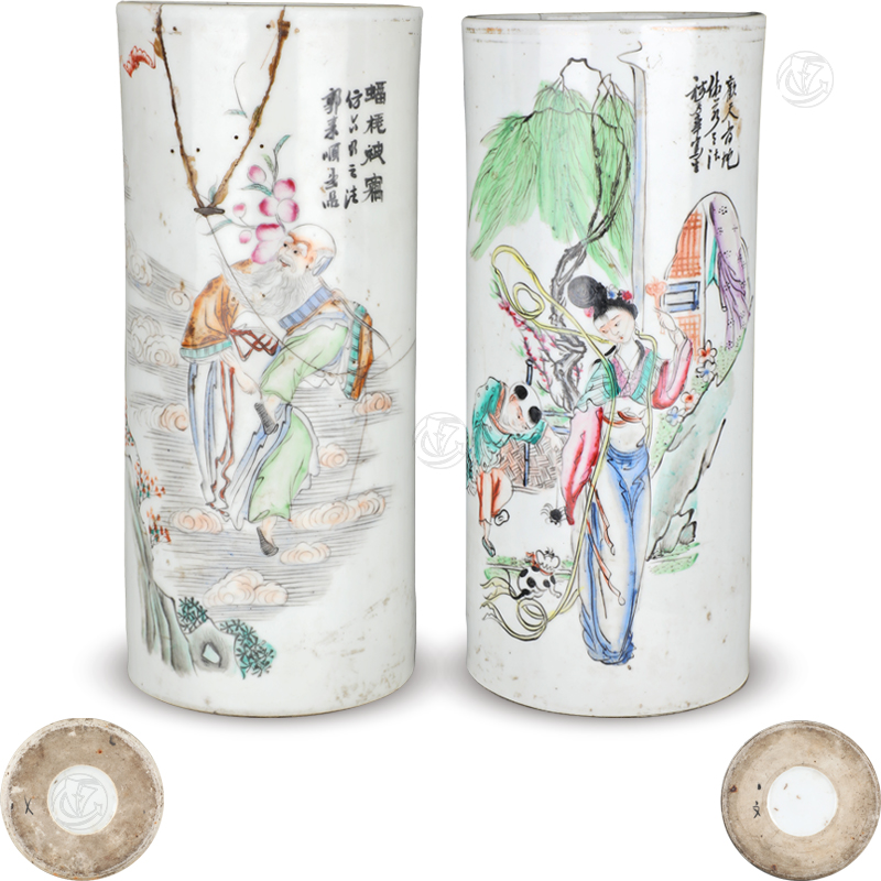 仕女寿星帽筒 一对