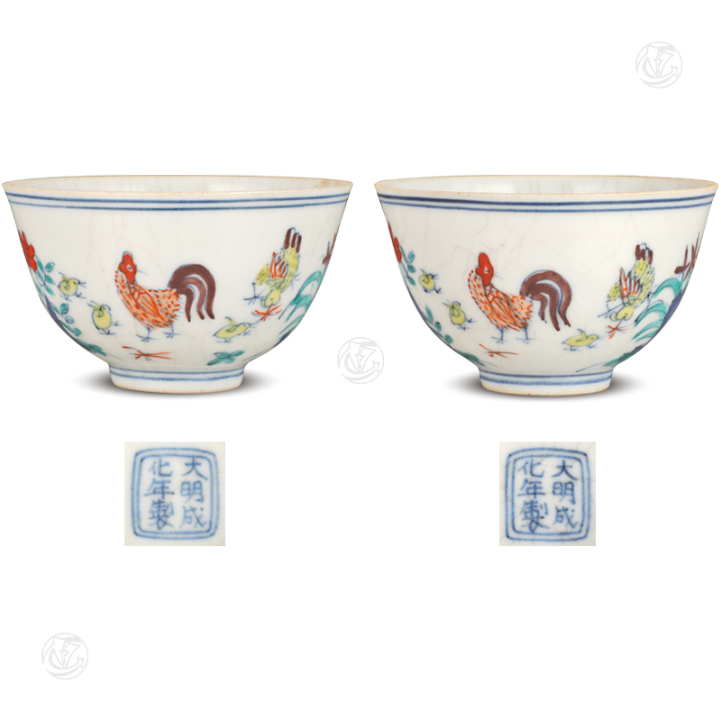 大明成化年制款斗彩鸡缸杯（一对）