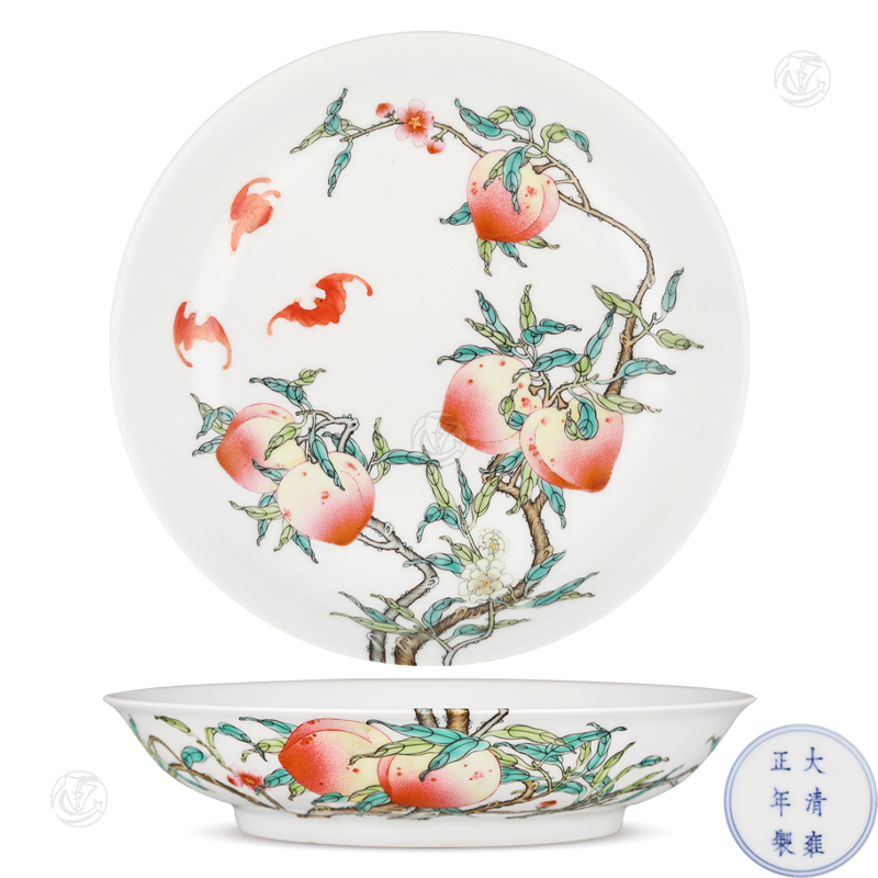 大清雍正年制款粉彩过枝五福捧寿盘