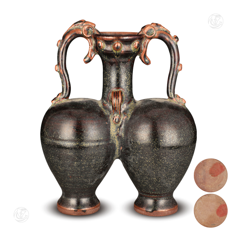 黑釉双龙耳连体瓶