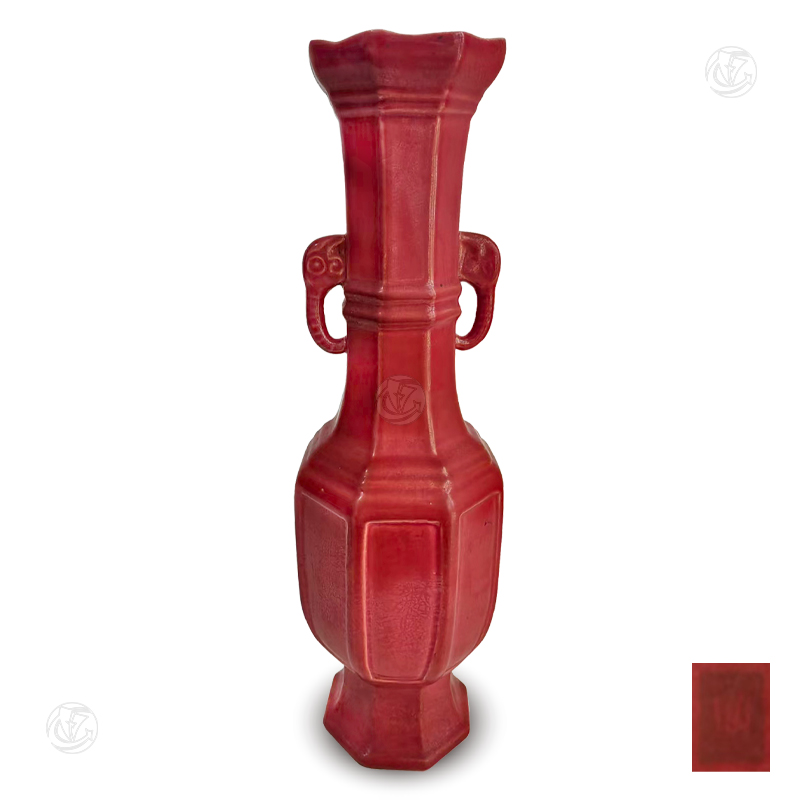 柴窑紅釉双象耳八棱高瓶
